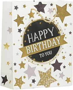  Подаръчна торбичка Happy Birthday, 18 х 23 х 8 cm, звезди бяла