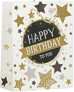  Подаръчна торбичка Happy Birthday, звезди, 26 х 32 х 10 cm бяла