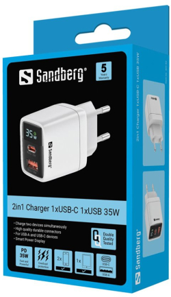  ЗАРЯДНО SANDBERG 2 в 1 - 1xUSB-C 1xUSB 35W - White - PN 441-52