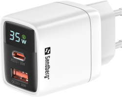 Кабел/адаптер Зарядно Sandberg 2 в 1, 1xUSB-C, 1xUSB, 35W, бяло