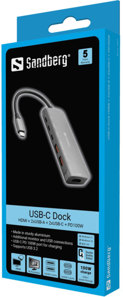 ДОКИНГ СТАНЦИЯ SANDBERG USB-C Dock HDMI + 2xUSB-A + 2xUSB-C + PD100W - Grey - PN 136-65