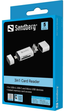  ЧЕТЕЦ ЗА КАРТИ SANDBERG USB-C+USB+MicroUSB - Silver - PN 136-28