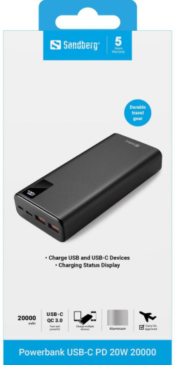 ПРЕНОСИМА БАТЕРИЯ SANDBERG 20000 mAh - Black - PN 420-59