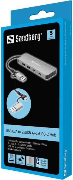 ХЪБ SANDBERG USB-C/A to 2xUSB-A+2xUSB-C, сив
