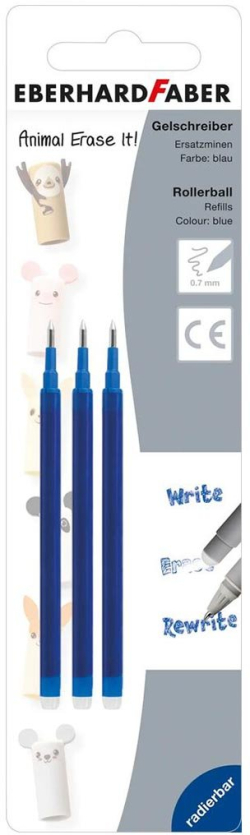 Eberhard Faber Пълнител за гел ролер Animal, изтриваем, син, 3 броя