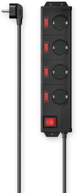 HAMA Разклонител с ключ, 4 гнезда на 90, стенен монтаж, 1.4м, черен