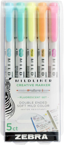  Zebra Текст маркер Mildliner Fluorescent, двоен, 5 цвята