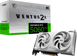  MSI Video Card NVIDIA GeForce RTX 5060 Ti 16G VENTUS 2X WHITE PLUS, 16GB GDDR7, 128-bit, 2587 MHz Boost, 4608 CUDA Cores, PCIe 5.0 (x8), 3x DP 2.1b, HDMI 2.1b, RAY TRACING, Dual Fan, 180W TDP, 8-pin PCIe Power, G-SYNC, 2-Slot, 3Y