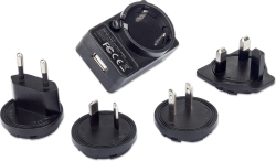 Кабел/адаптер MANHATTAN 102155 :: Зарядно за пътуване, USB-A, 1A, Travel Adapter, Europe, UK и US, черен