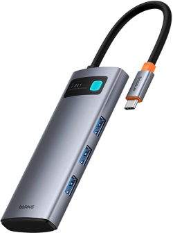 USB хъб Baseus Metal Gleam B00030708811-01 7-в-1 USB-C (HDMI 4K@60Hz - 3×USB 3.0 - USB-C PD 100W - SD - microSD) - сив