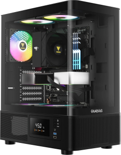 Кутия Gamdias ATLAS E2, ATX, Middle Tower, извито закалено стъкло, 3x 120 mm вентилатори, USB 3.0, USB 2.0, RGB бутон, черен