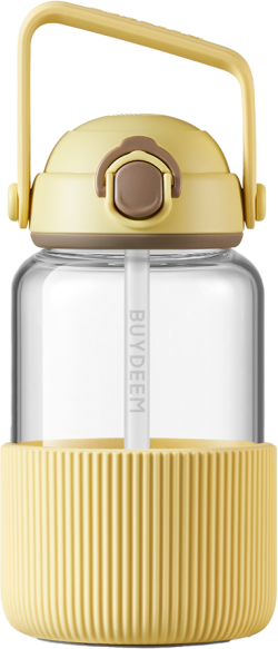 BUYDEEM Стъклена Бутилка, Изкачаща сламка, 1L, Светло Жълт