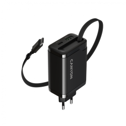 CANYON OnCharge 65RC, Вграден USB-C кабел 65W, USB Type-A, Power Delivery, Quick Charge, EU, Черен
