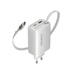 CANYON OnCharge 65RC, Вграден USB-C кабел 65W, USB Type-A, Power Delivery, Quick Charge, EU, Бял