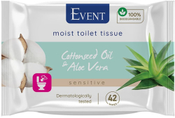  Тоалетна хартия Event, влажна, с масло от памук и алое, 42 къса