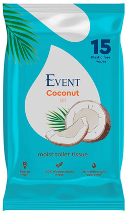  Тоалетна хартия Event, влажна, с масло от кокос, 15 къса