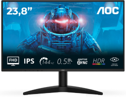 Монитор AOC 24B36X, 23.8" IPS WLED, 1920x1080@144Hz, 4ms GtG, 0.5ms MPRT, 300cd m-2, FlickerFree, Low Blue Light, Tilt, HDMI, DP, Черен