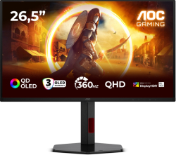 Монитор AOC Q27G4SDR, 26.5" QD-OLED, 2560x1440@360Hz, 0.03ms GtG, 1000cd m-2, 1.5M:1, Pivot, Swivel, 2xHDMI, DP, USB hub, Черен