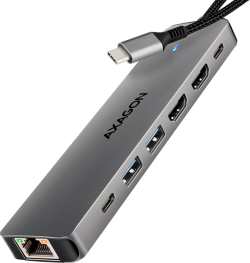 USB Хъб AXAGON HMC-7HX2 USB-C 3.2 Gen 1 hub, 2x USB-A + 1x USB-C, 2x HDMI 4K 60Hz, GLAN, PD 100W, 15cm USB-C cable
