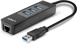 Мрежова LAN карта/адаптер LINDY LNY-43176, USB 3.0 хъб 3 порта, Gigabit Ethernet 1000 Mbps, 5 Gbps, черен