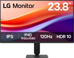 Монитор LG 24U41YA-B, 23.8" IPS, FullHD (1920x1080) 120Hz, 16:9, 1500:1, 250 cd/m2, VGA, HDMI, DVI-D, Черен