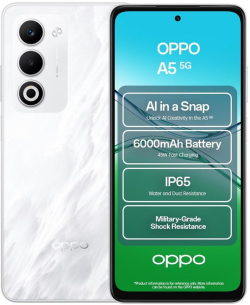 Смартфон Oppo A5 5G 4/128GB, Dimensity 6300, 6000 mAh, 50 MP, 120 Hz, бял