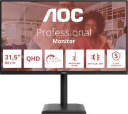 Монитор AOC Q32E4U, 31.5" IPS WLED, 2560x1440@100Hz, 4ms GtG, 350cd m/2, 2xHDMI, DP, USB Hub, 3Wx2, Tilt, Adaptive Sync, Черен