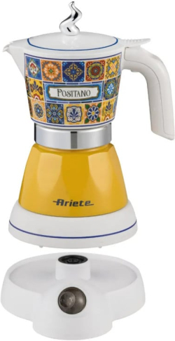 Електрическа Кафеварка Ariete 1358/1P Positano Moka Aroma, електрическа, за еспресо, 400 W, 2–4 чаши, безжична 360°, бял/жълт