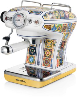 Кафемашина Ariete 1389/1P Positano, ръчна, за еспресо, 850 W, 15 bar, 0.9 л, 2 чаши, бял/жълт