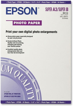 Хартия за принтер Epson S041143, A3+, 204g/m², гланцова, 20 листа, бял